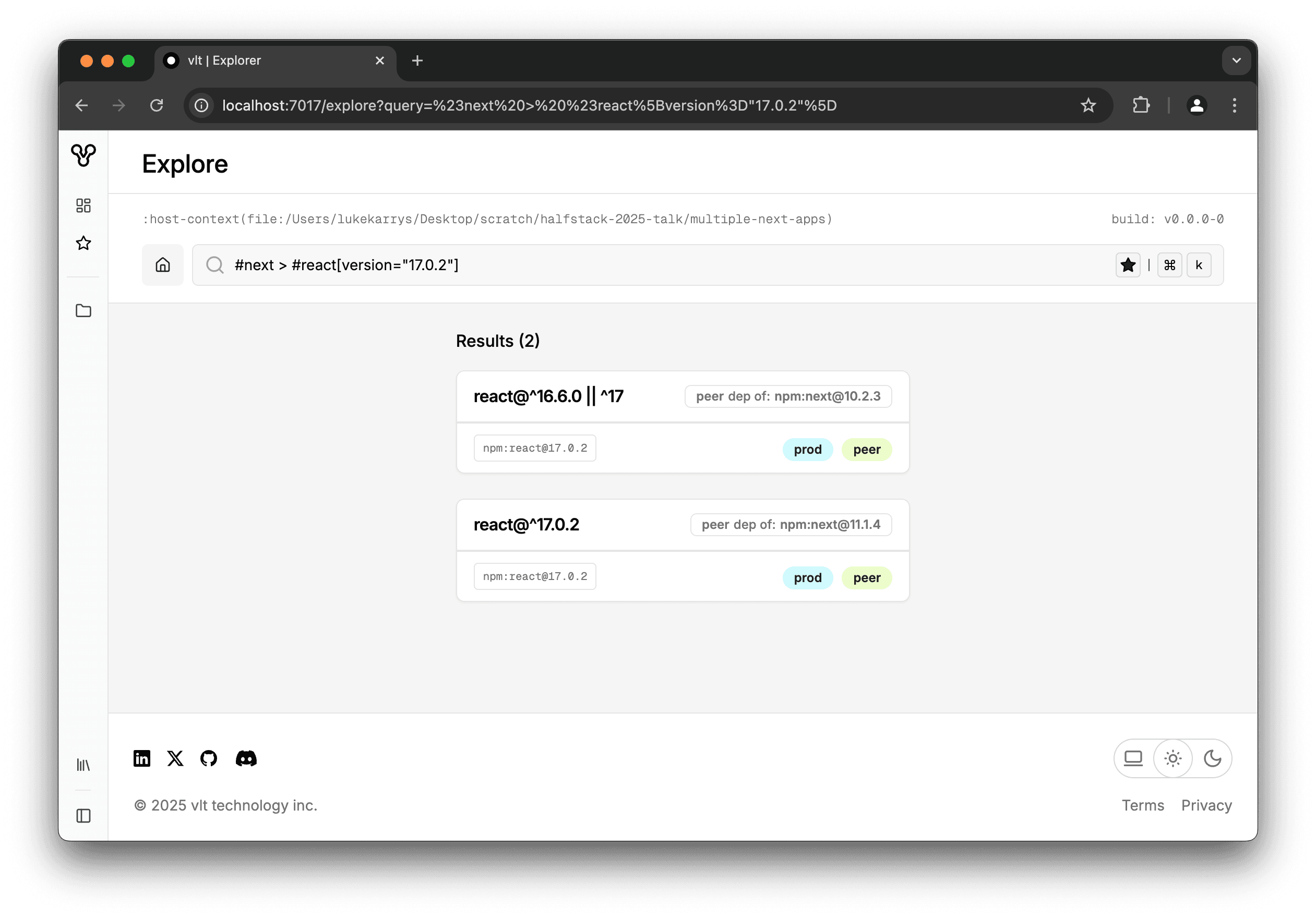 A vlt gui screenshot showing the results of the #next > #react[version="17.0.2"] query